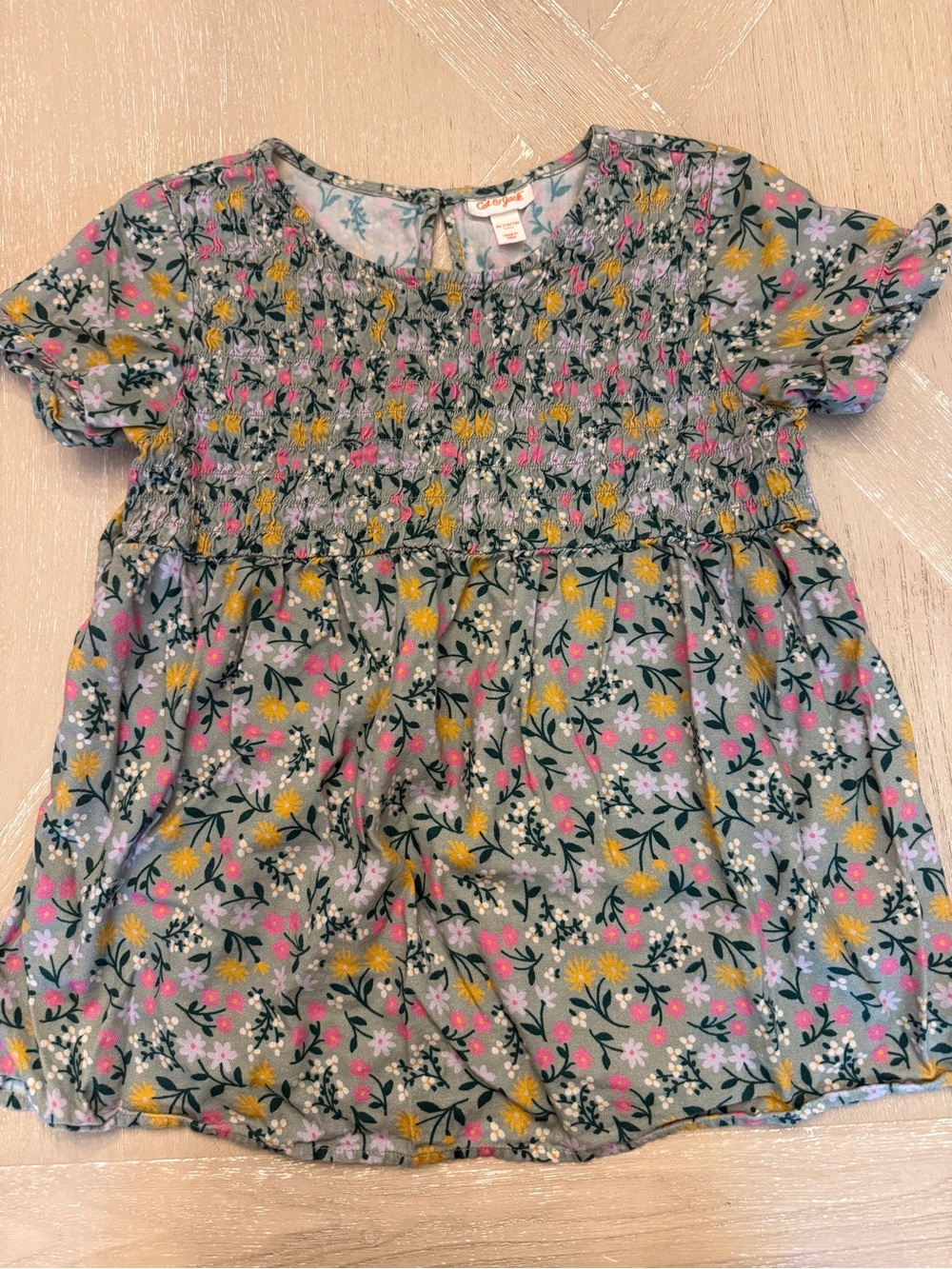 Cat & Jack Sage Green Floral Smocked Short Sleeve Top with Pink & Yellow Flowers